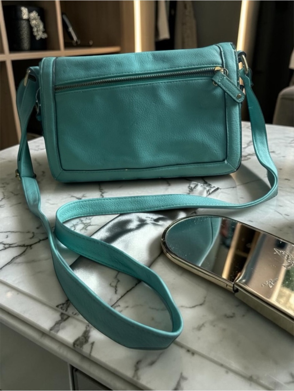 Merona Teal Faux Leather Crossbody Bag Adjustable Strap Zipper Pocket - Picture 1 of 8